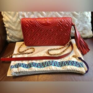 Tory Burch Red Leather Quilted Crossbody Bag
